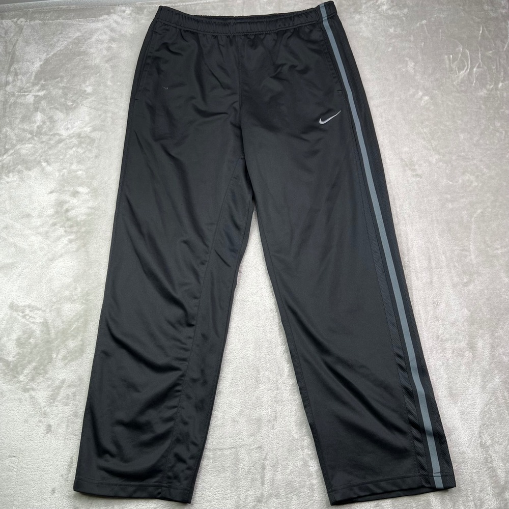 Nike‎ Track Pants Mens Medium Black Solid Grey Stripe Embroidered Swoosh Logo
